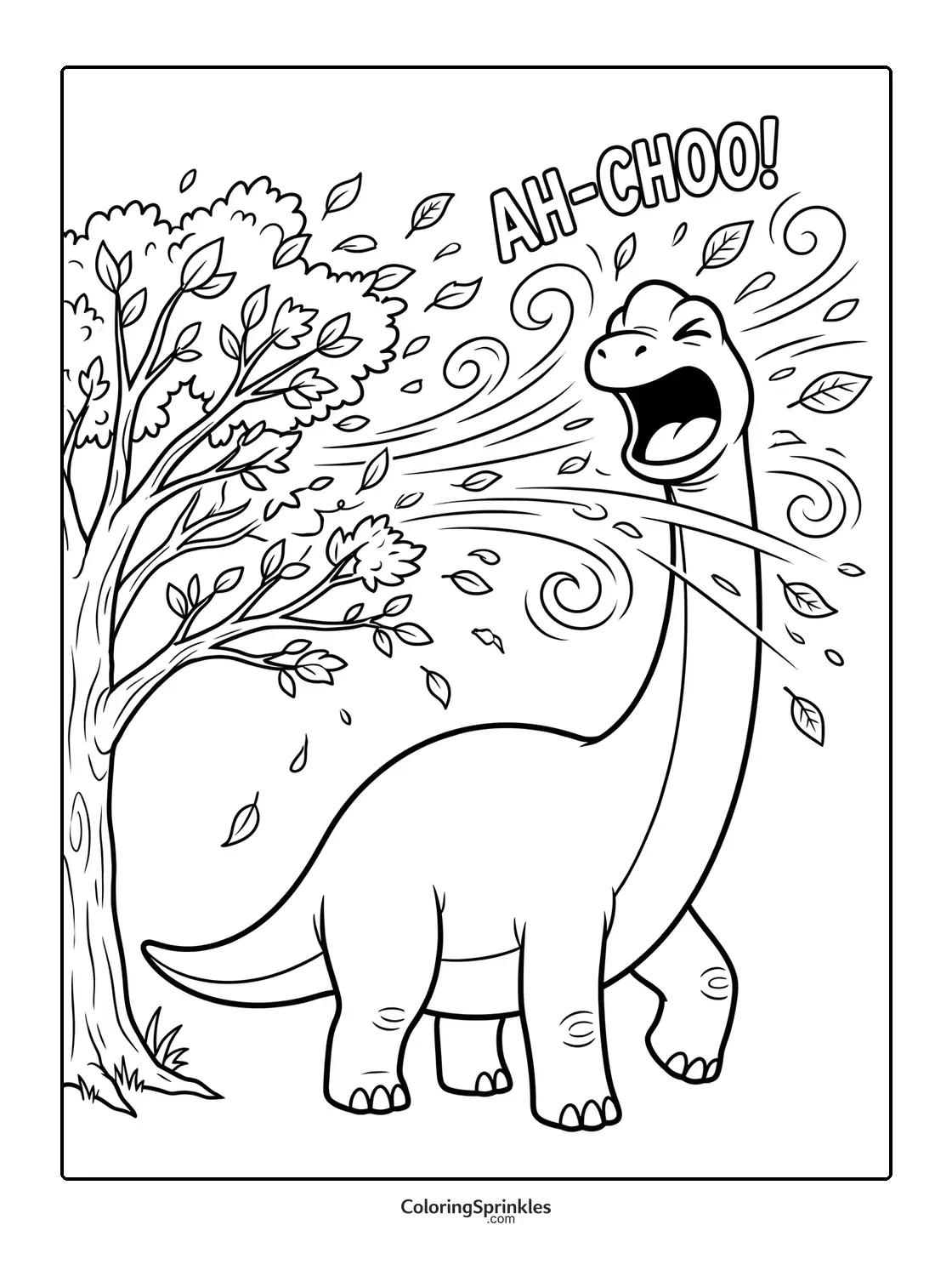 Coloring page of a brachiosaurus sneezing near a tree with falling leaves