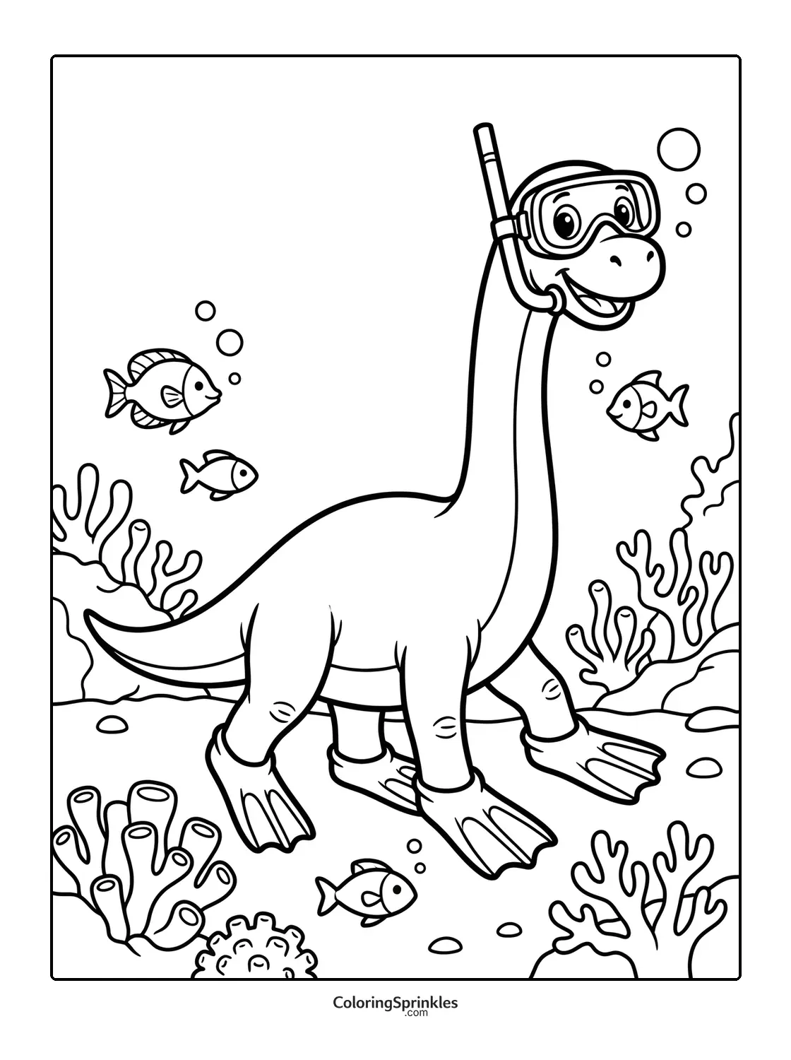 Coloring page of a brachiosaurus snorkeling underwater with fish and coral