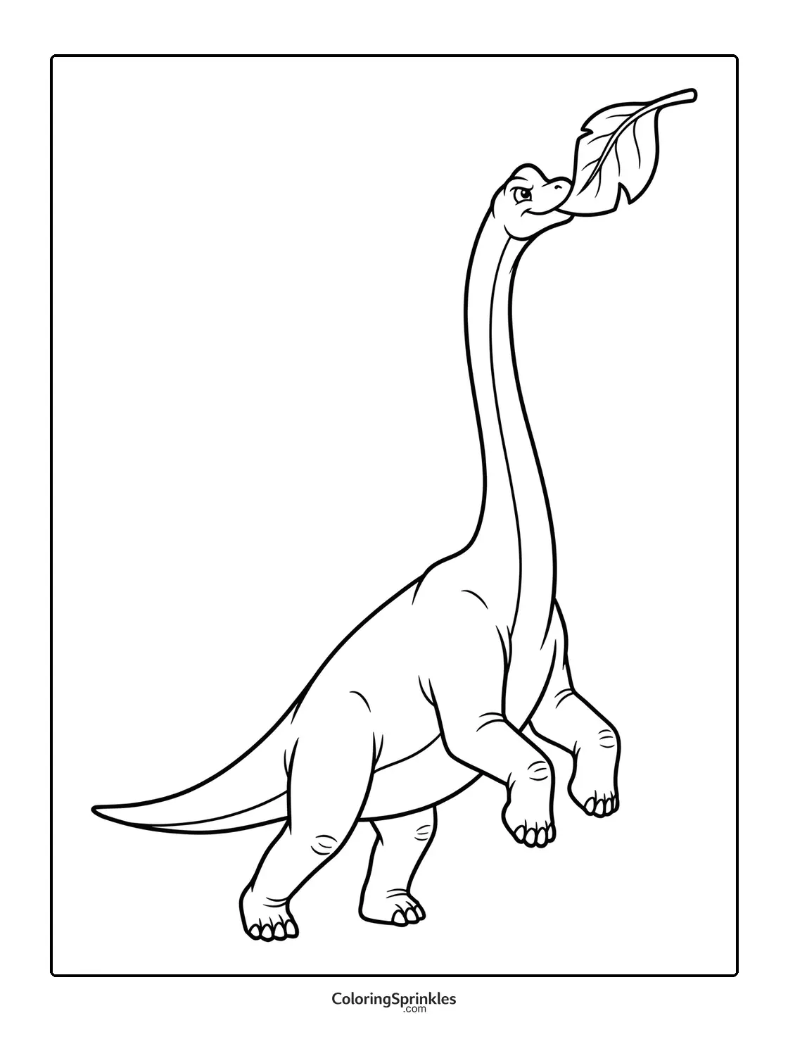 Coloring page of a brachiosaurus standing and eating a leaf