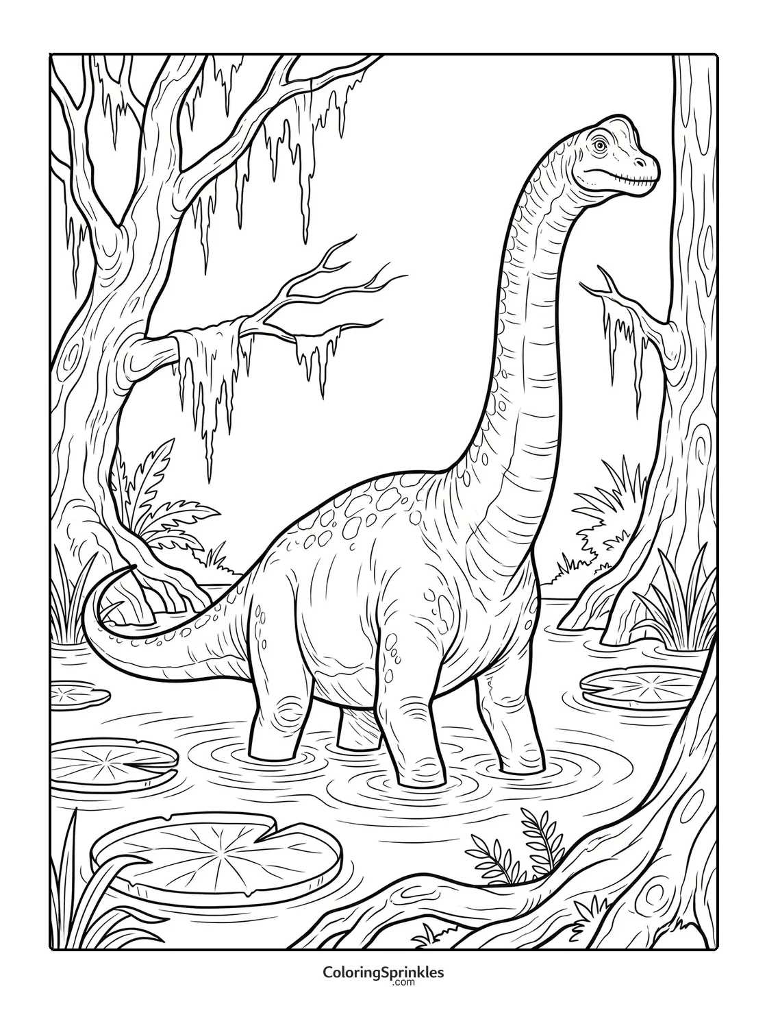 Coloring page of a brachiosaurus standing in a swamp with lilypads and trees