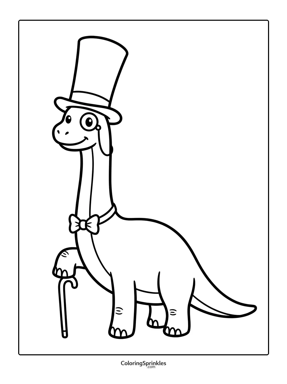 Coloring page of a brachiosaurus wearing a top hat and bowtie holding a cane