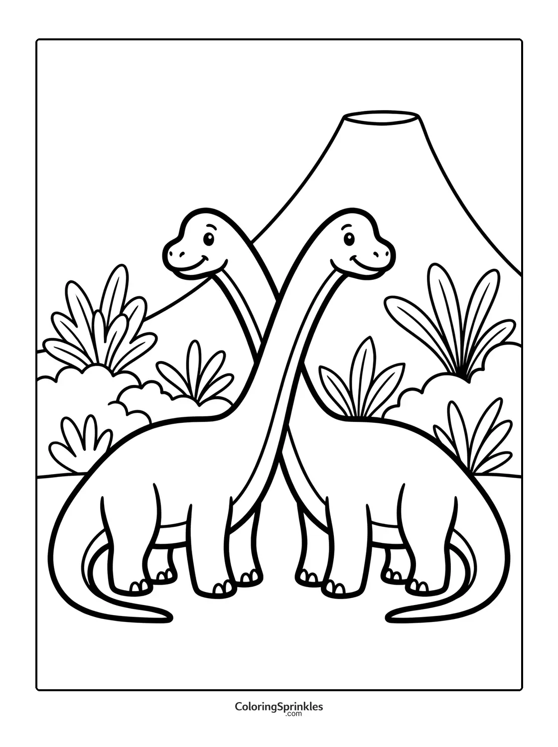 Coloring page of two brachiosaurus dinosaurs with a volcano and plants
