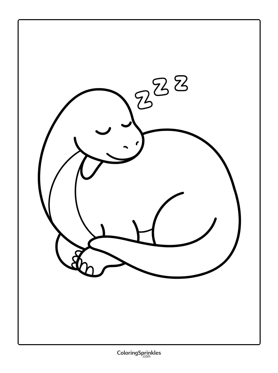 Coloring page of a sleeping brachiosaurus dinosaur cartoon