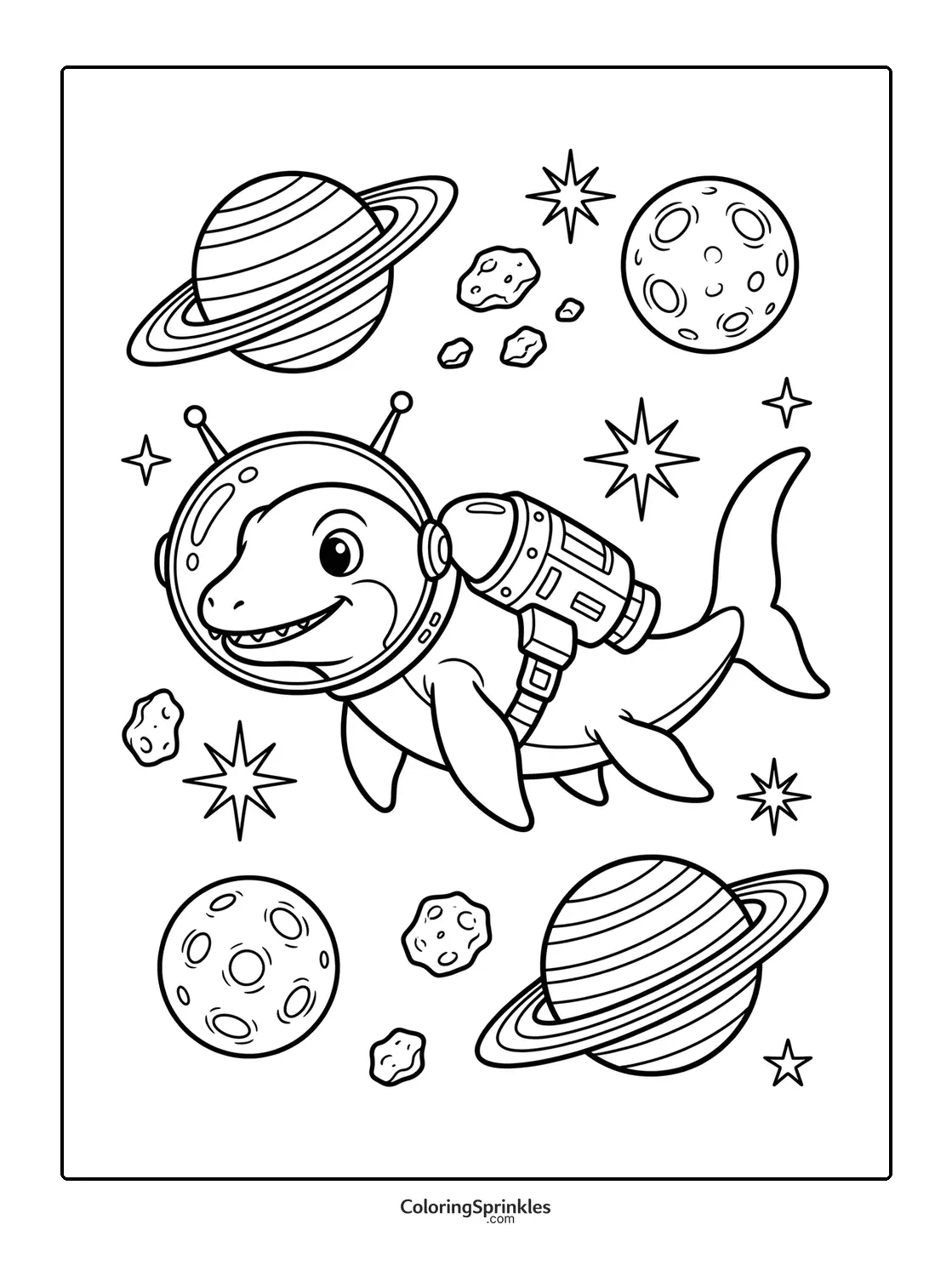 Coloring page of a mosasaurus astronaut floating in space with planets and asteroids