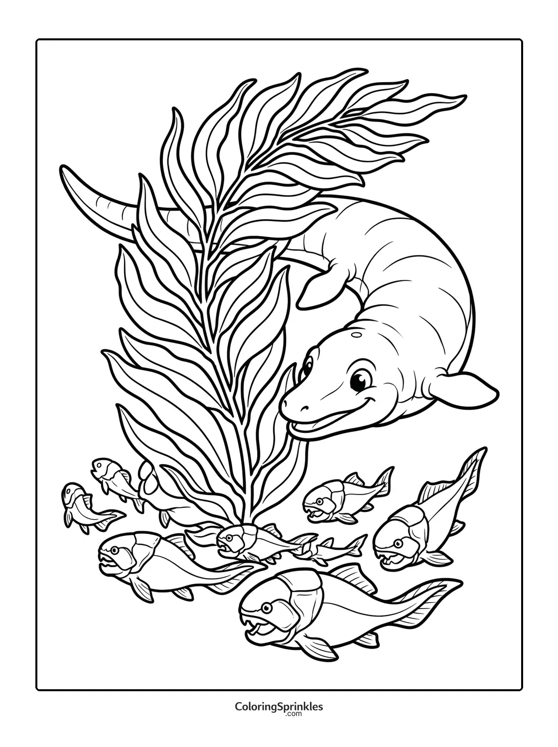 Coloring page of a mosasaurus swimming near fish and seaweed underwater