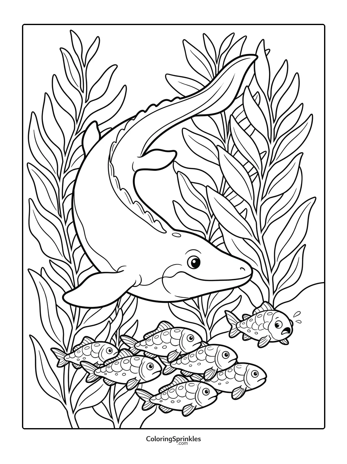 Coloring page of a mosasaurus swimming underwater with fish and seaweed