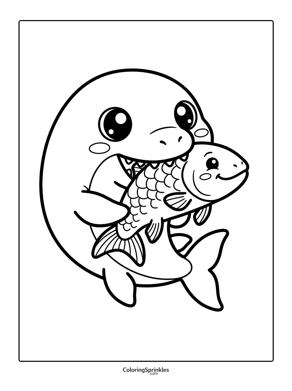 Coloring page of a cute mosasaurus holding a fish