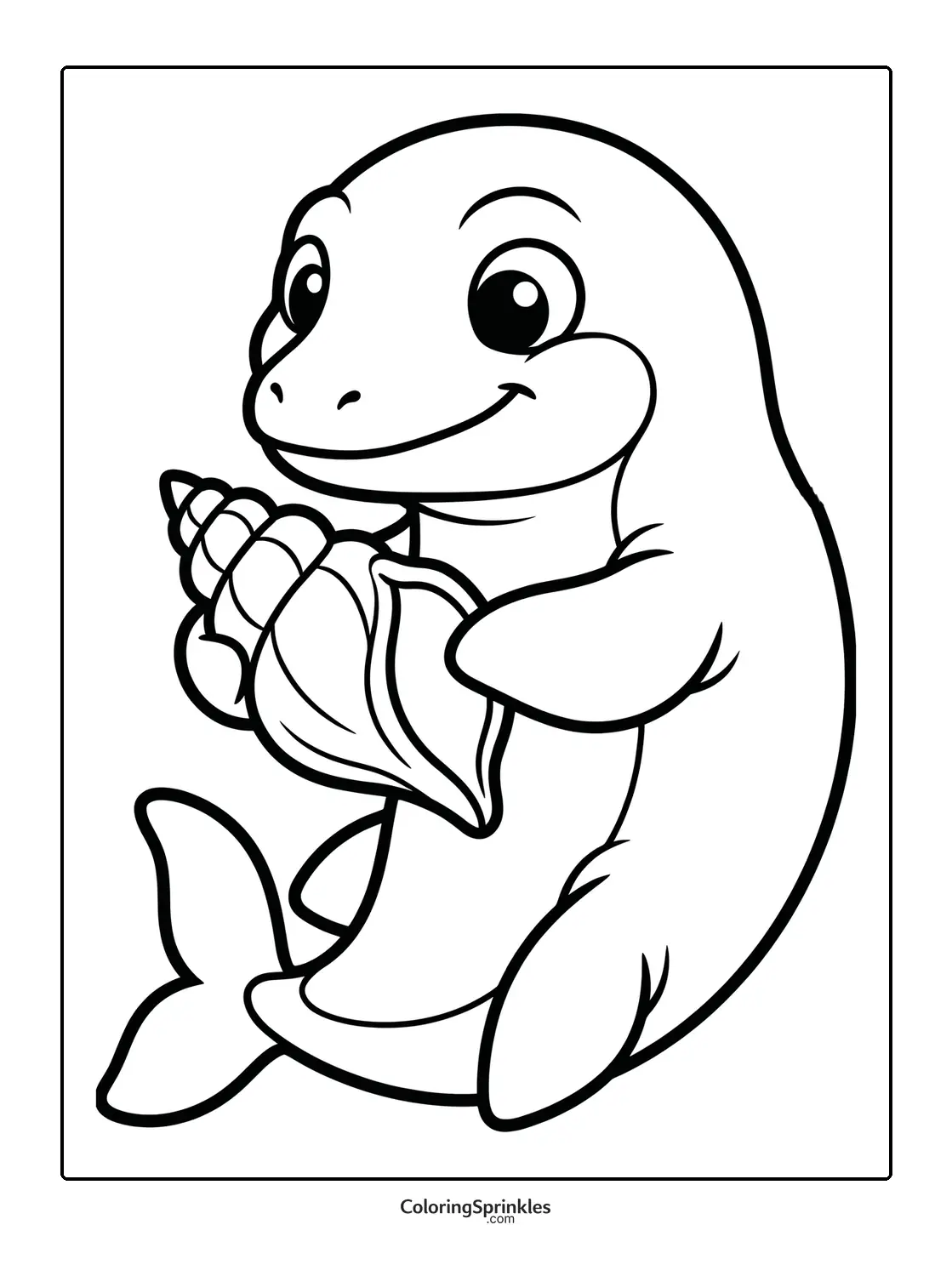 Coloring page of a cute mosasaurus holding a seashell