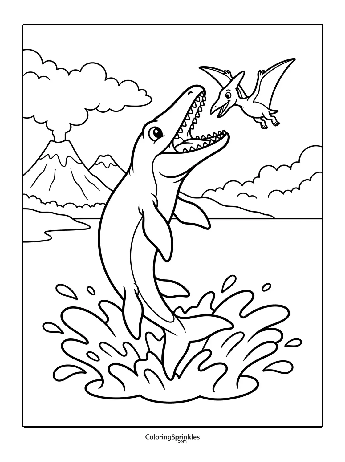 Coloring page of a mosasaurus jumping out of water near a pterodactyl and volcano
