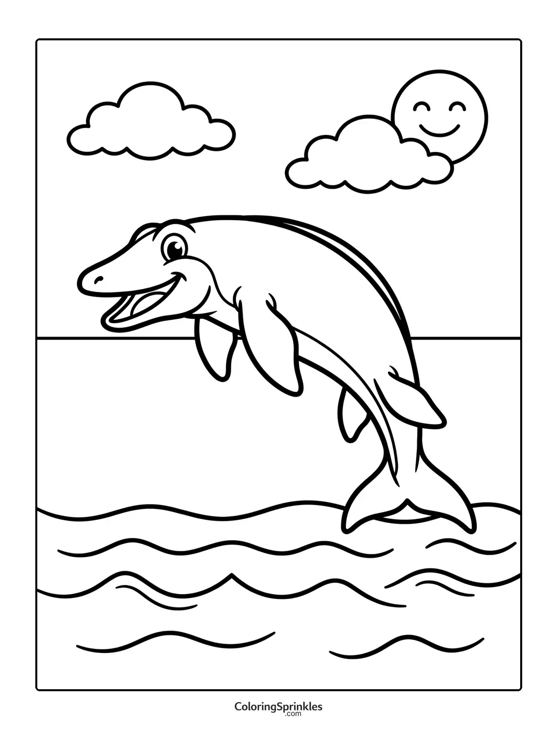 Coloring page of a smiling mosasaurus jumping out of the water with sun and clouds
