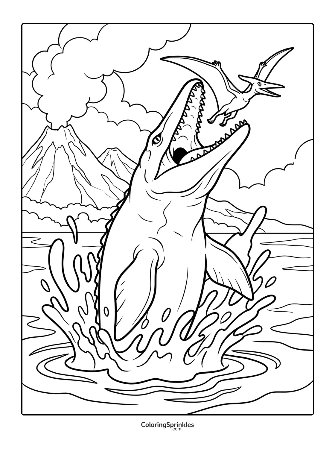 Coloring page of a mosasaurus jumping out of water with a pterosaur flying and a volcano erupting
