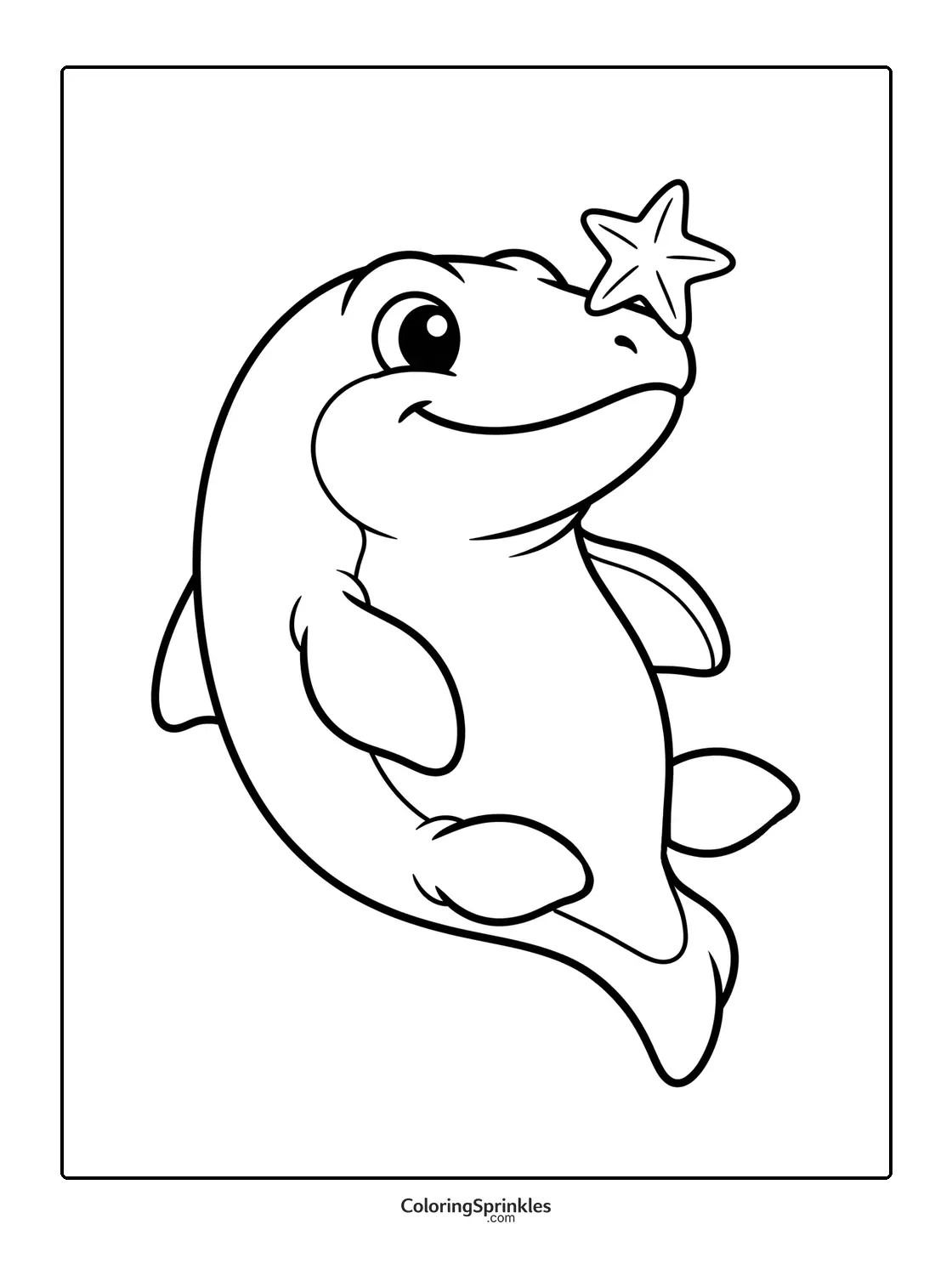 Coloring page of a smiling mosasaurus with a starfish on its nose