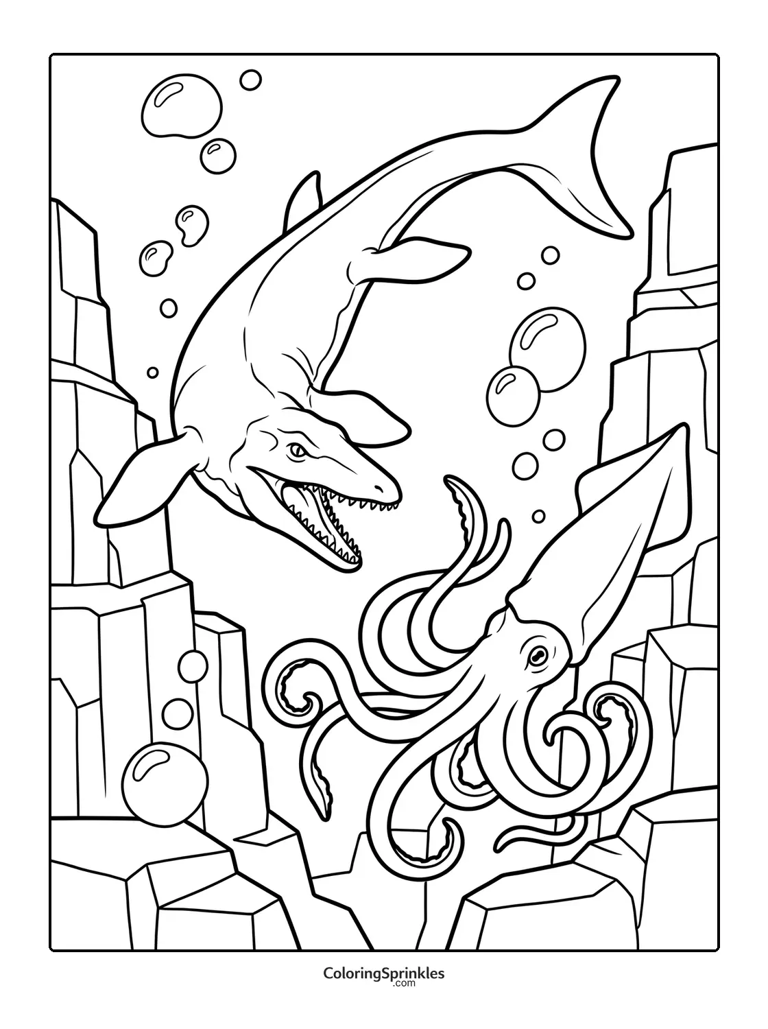 Coloring page of a mosasaurus and a squid underwater among rocks and bubbles