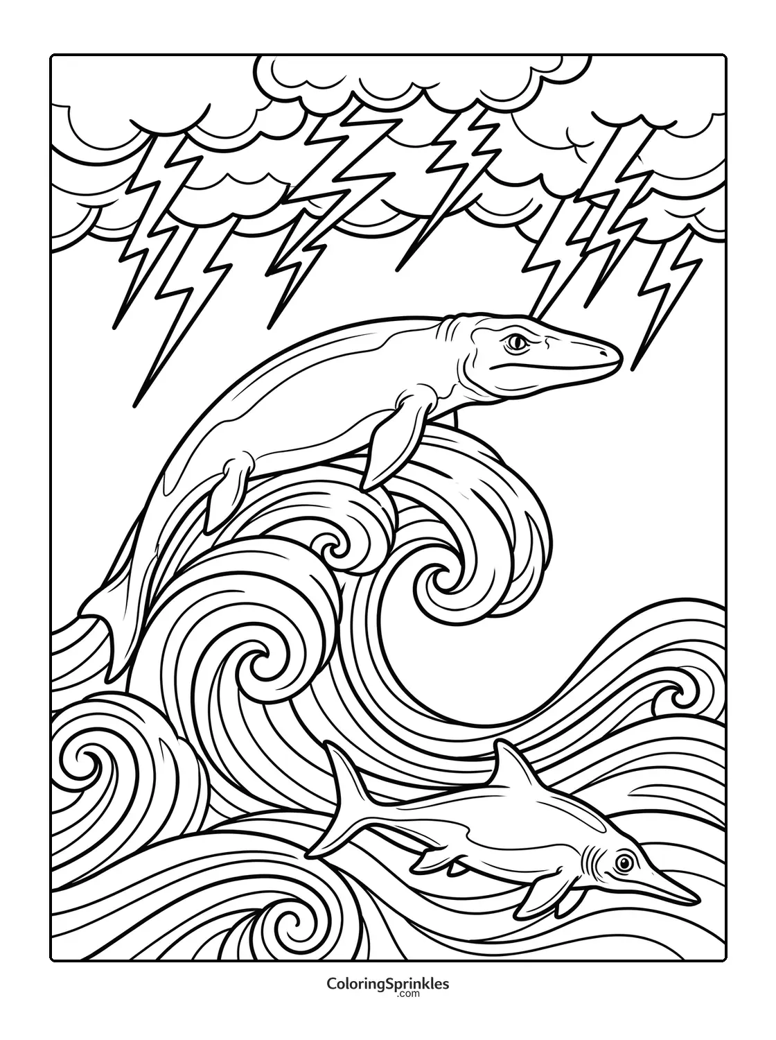 Coloring page of a mosasaurus swimming in stormy sea with lightning