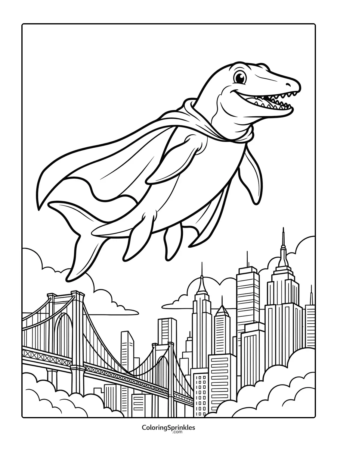 Coloring page of a mosasaurus wearing a superhero cape flying over a city with a bridge