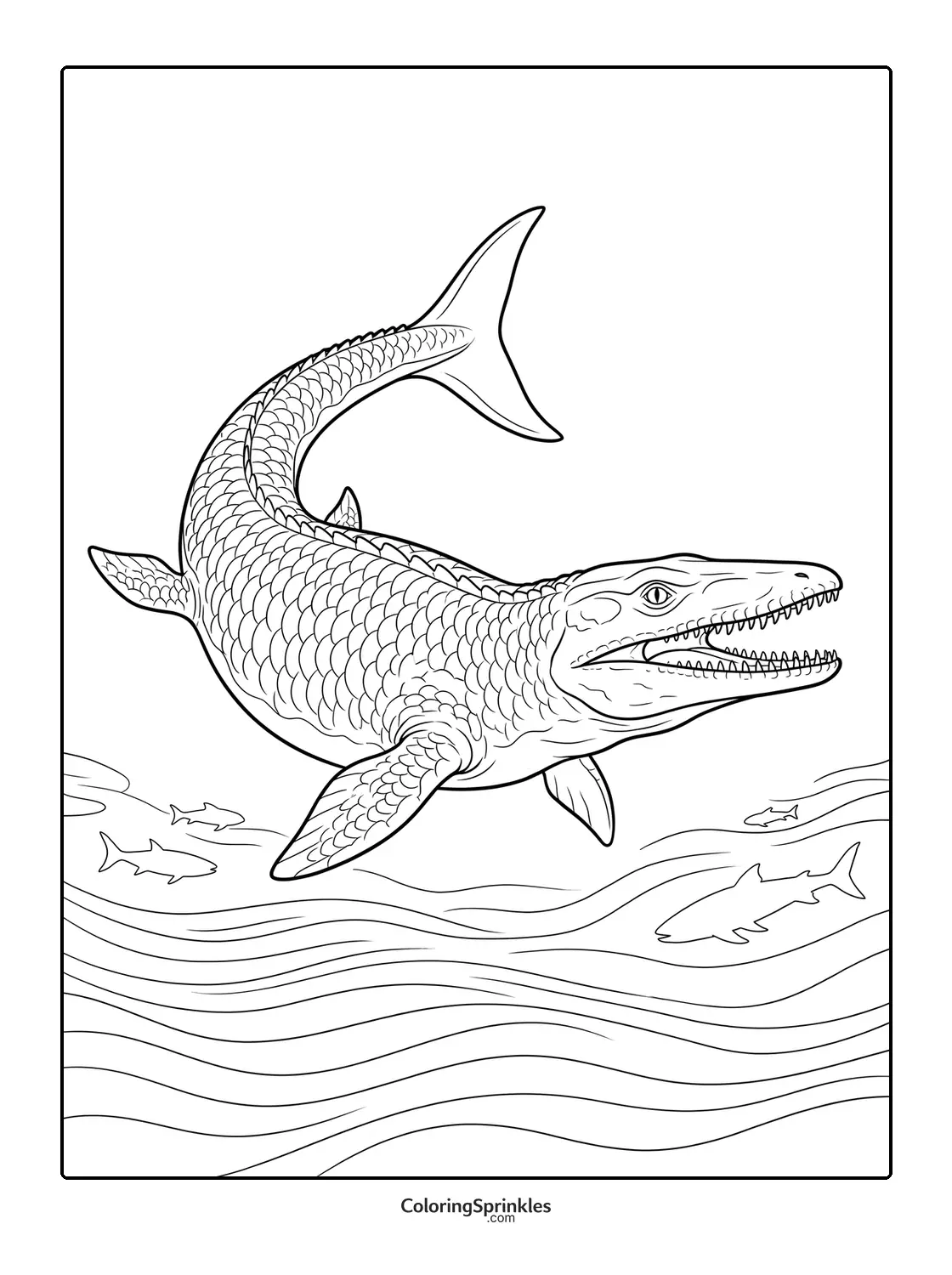 Coloring page of a mosasaurus swimming in the ocean with fish and waves