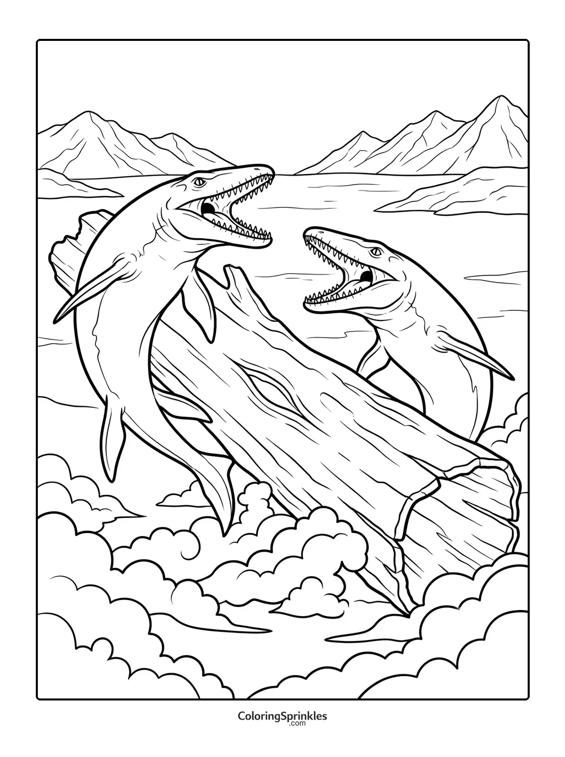 Coloring page of two mosasaurus dinosaurs near an ancient log with mountains