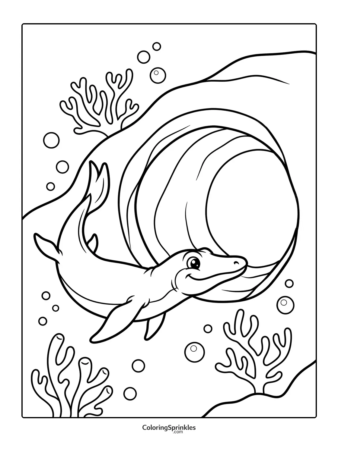 Coloring page of a mosasaurus swimming near an underwater cave with coral and bubbles