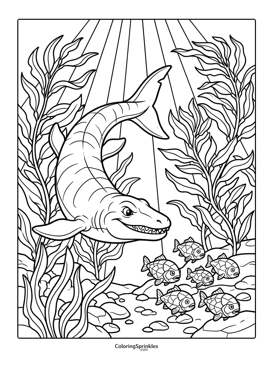 Coloring page of a mosasaurus swimming underwater with fish and seaweed
