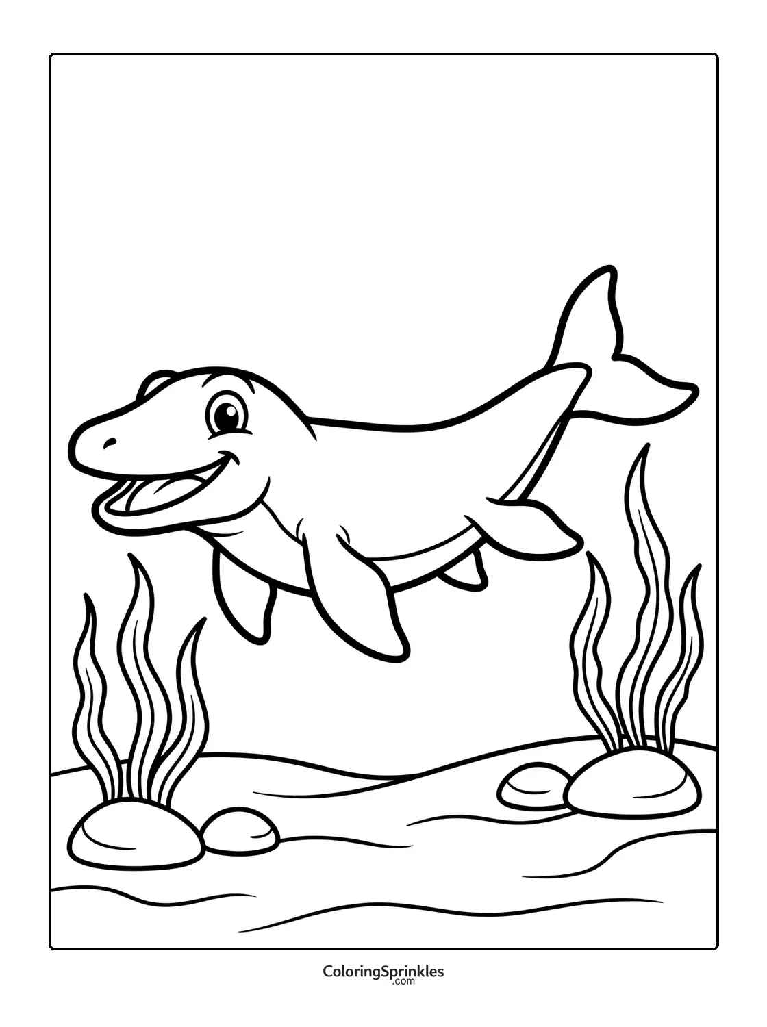 Coloring page of a smiling mosasaurus underwater with seaweed and rocks