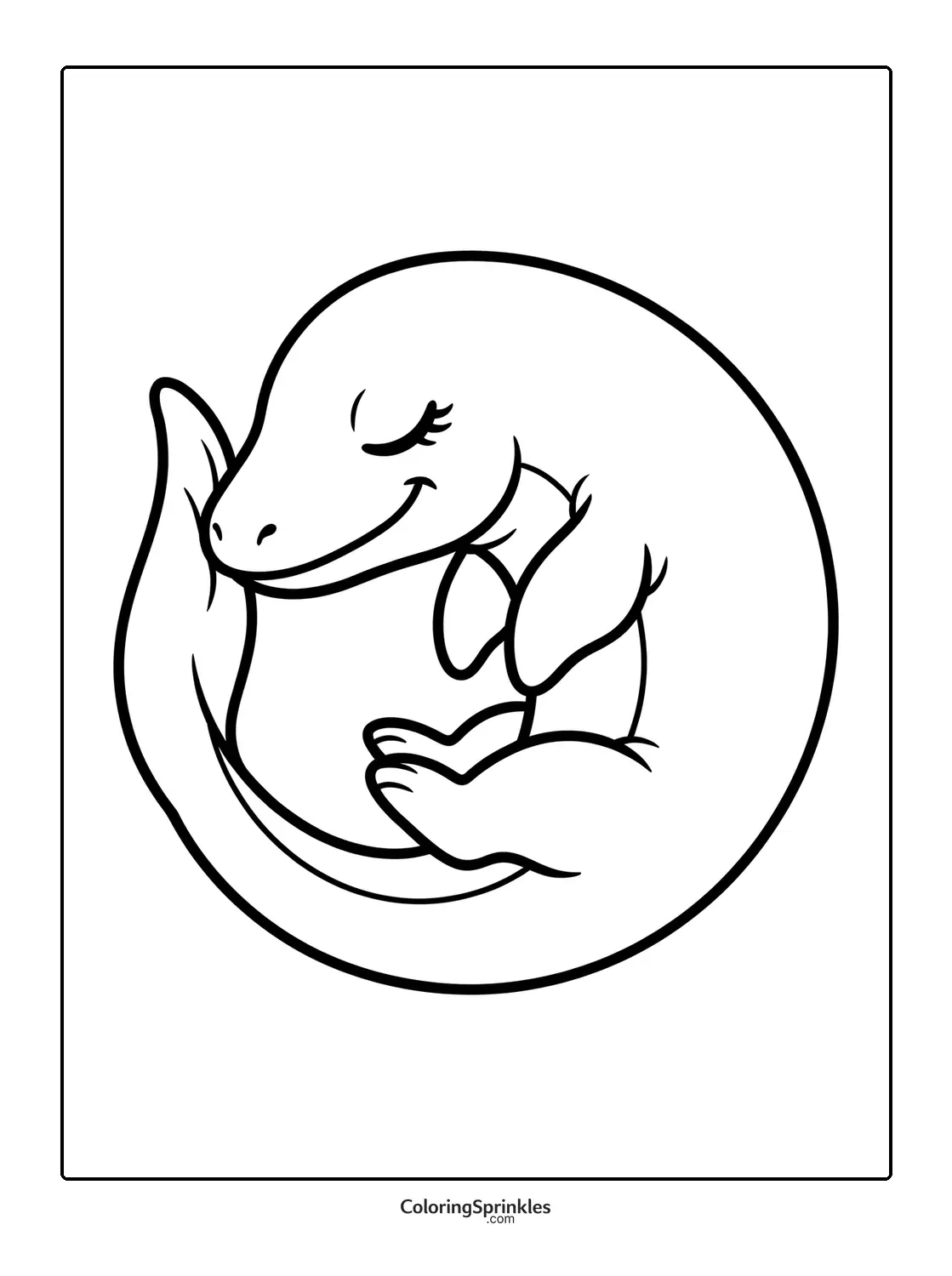 Coloring page of a sleeping mosasaurus curled up