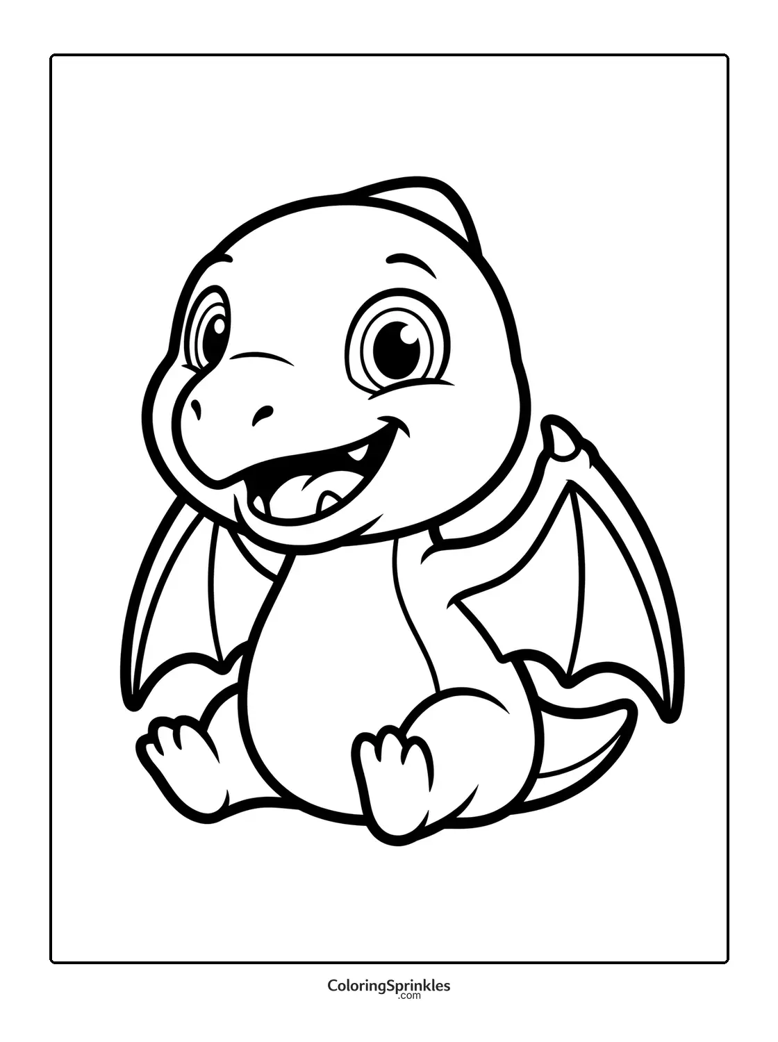 Coloring page of a cute baby pterodactyl sitting