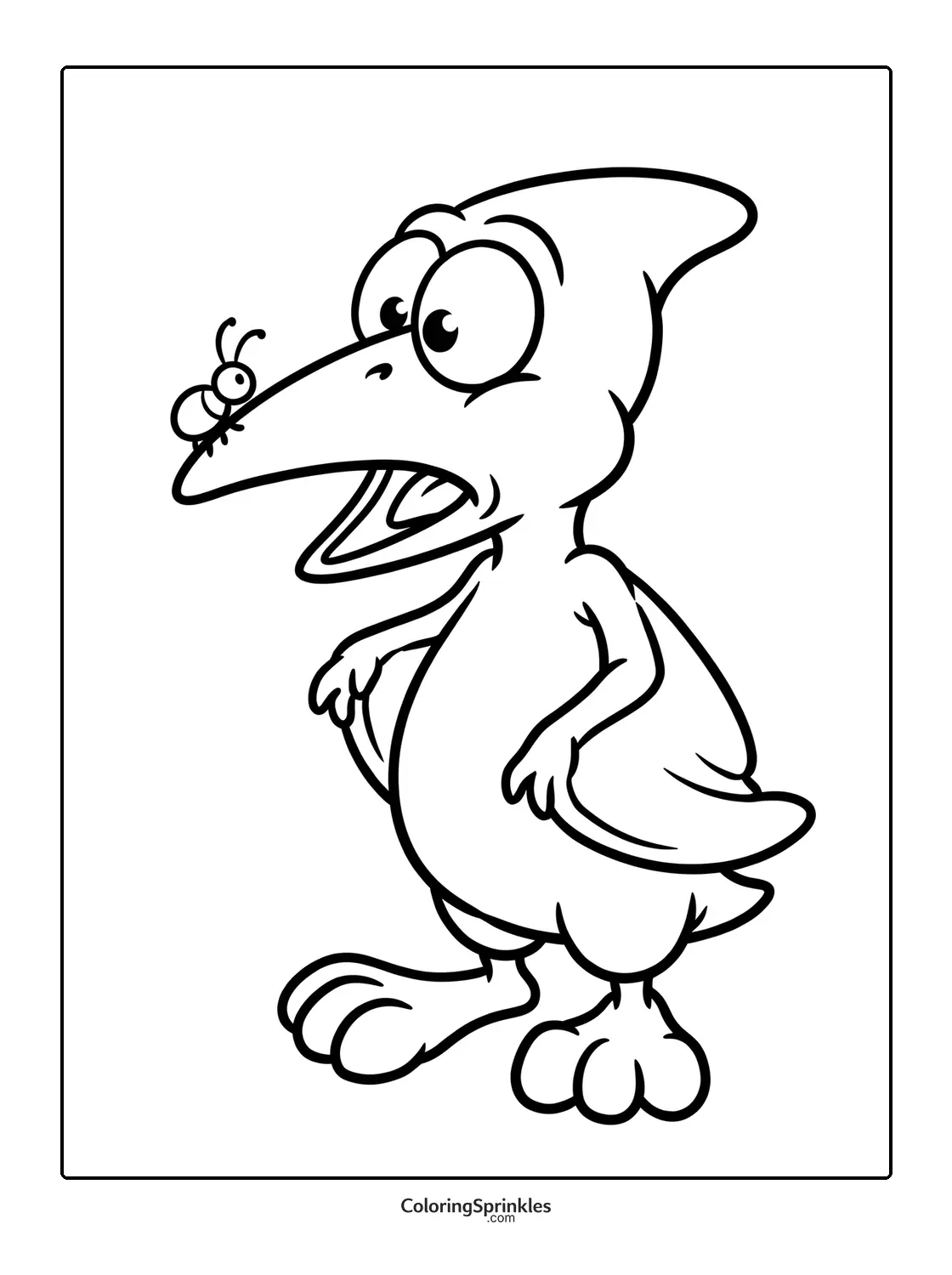 Coloring page of a cartoon pterodactyl with a butterfly on its nose