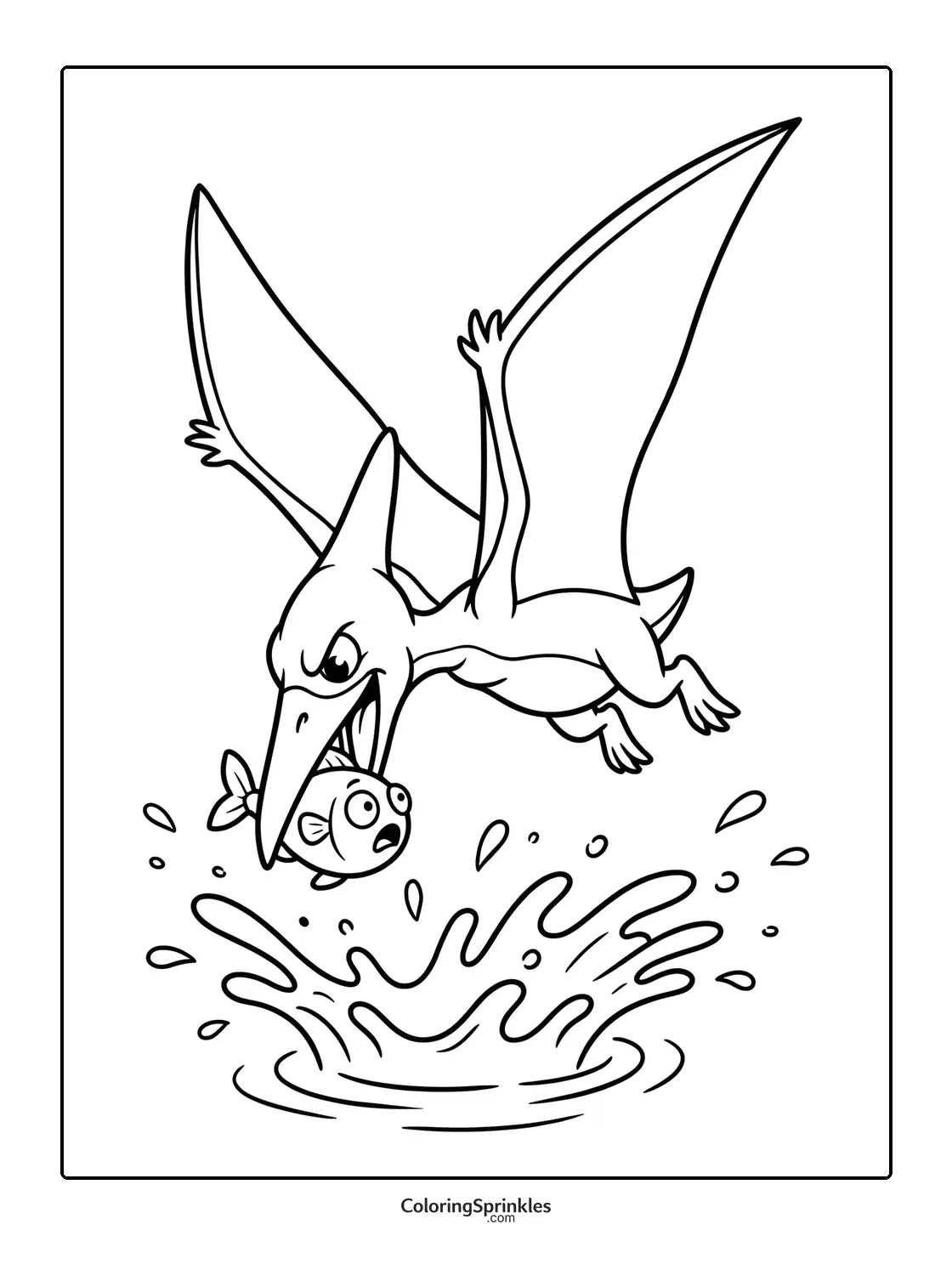 Coloring page of a pterodactyl catching a fish with water splash