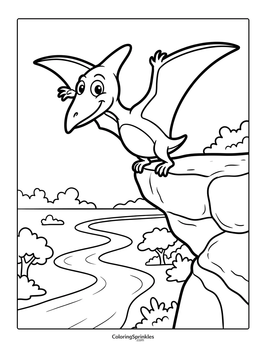 Coloring page of a pterodactyl standing on a cliff overlooking a river landscape