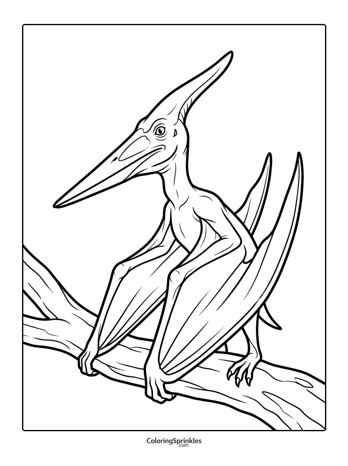 Coloring page of a pterodactyl dinosaur perched on a tree branch