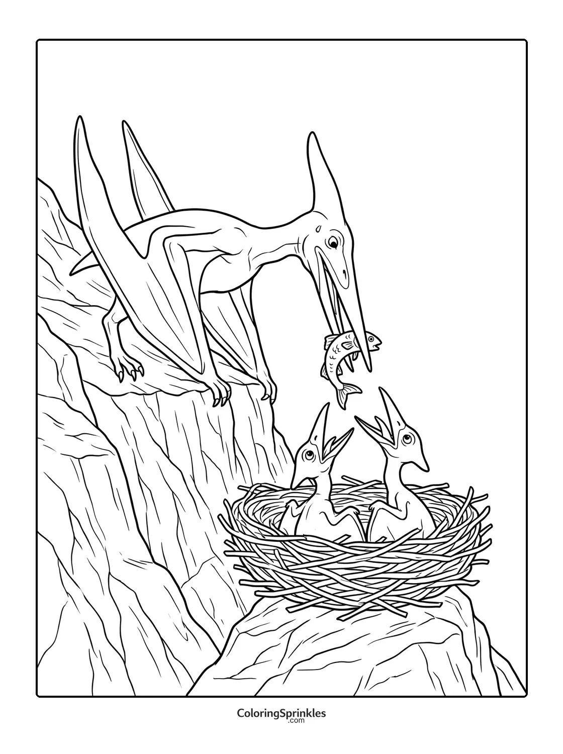 Coloring page of a pterodactyl feeding baby pterodactyls in a nest on a cliff