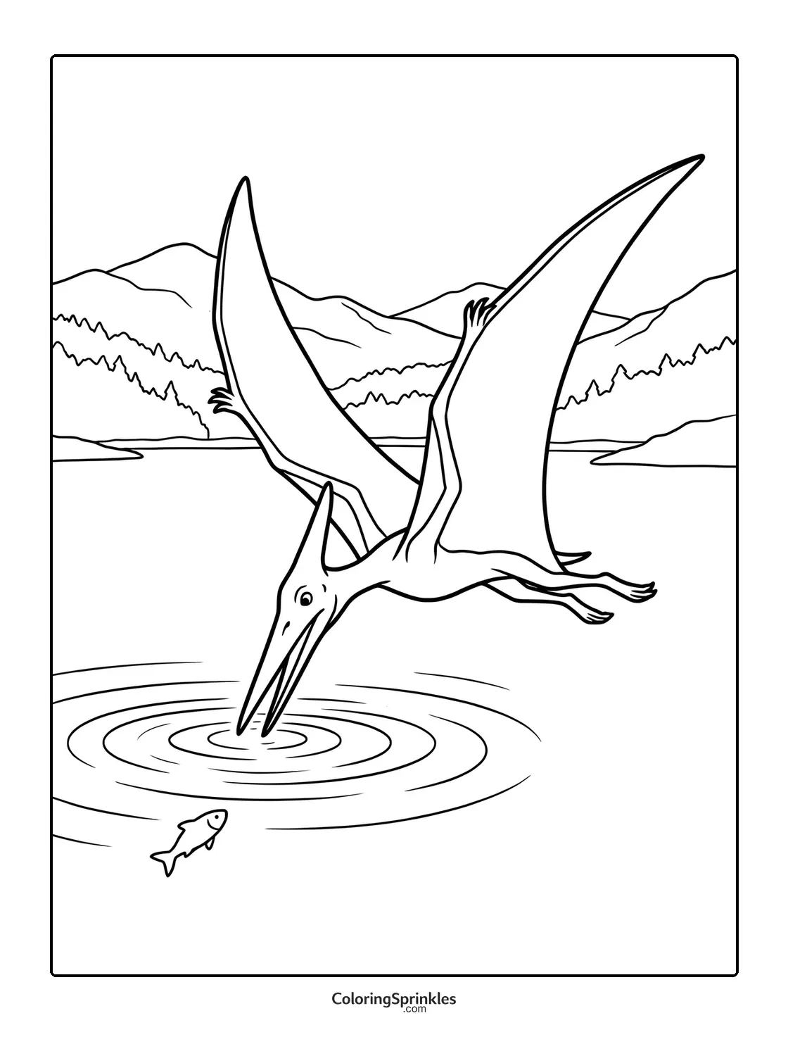 Coloring page of a pterodactyl fishing in a lake with mountains in the background