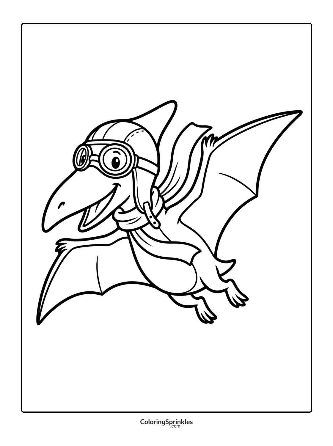 Coloring page of a pterodactyl flying wearing aviator goggles and a scarf