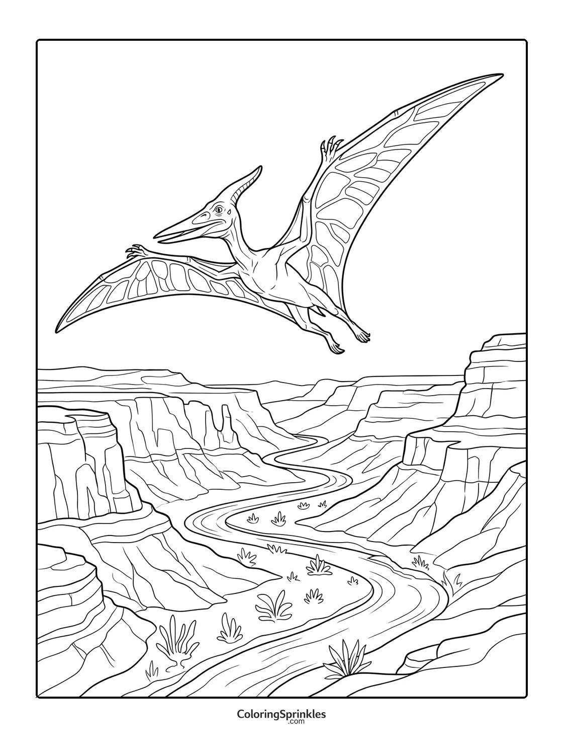 Coloring page of a pterodactyl flying over a canyon with a winding river