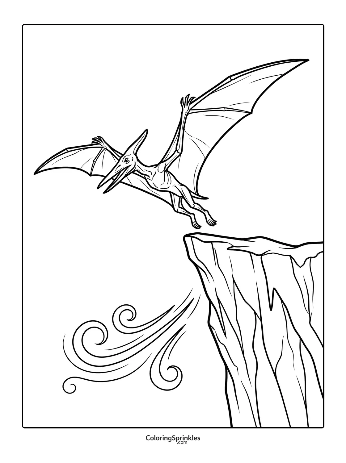 Coloring page of a pterodactyl flying off a cliff with wind