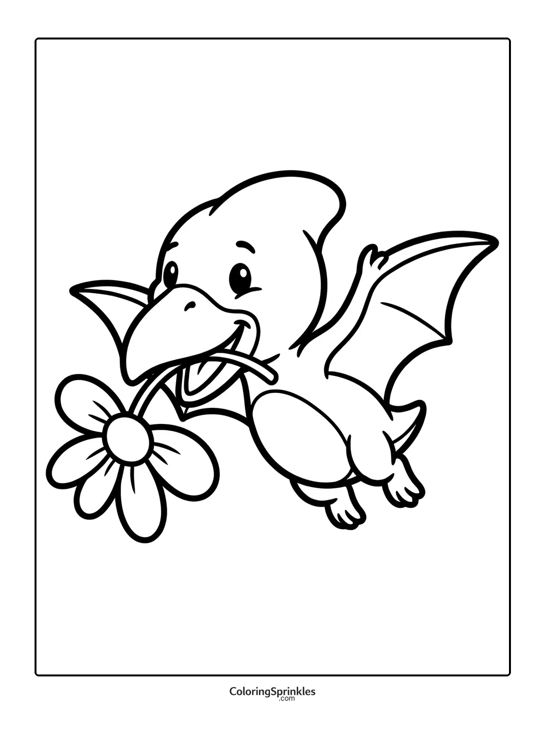 Coloring page of a cartoon pterodactyl flying with a flower in its mouth