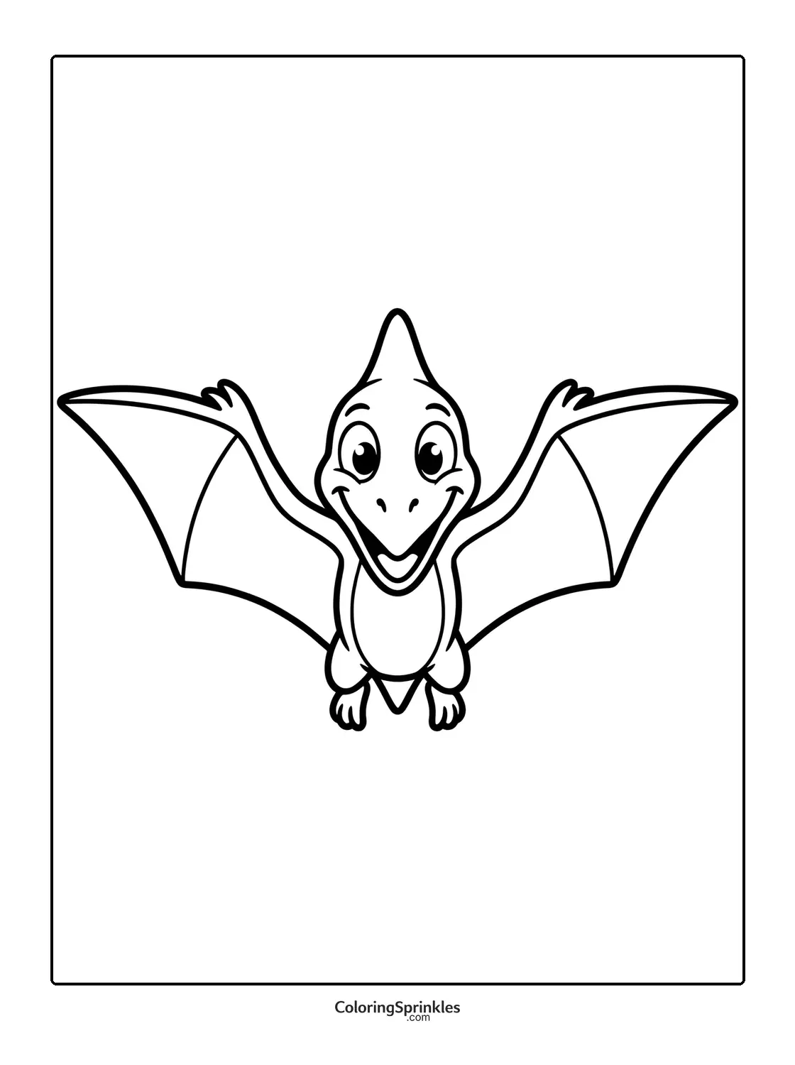 Coloring page of a happy cartoon pterodactyl flying