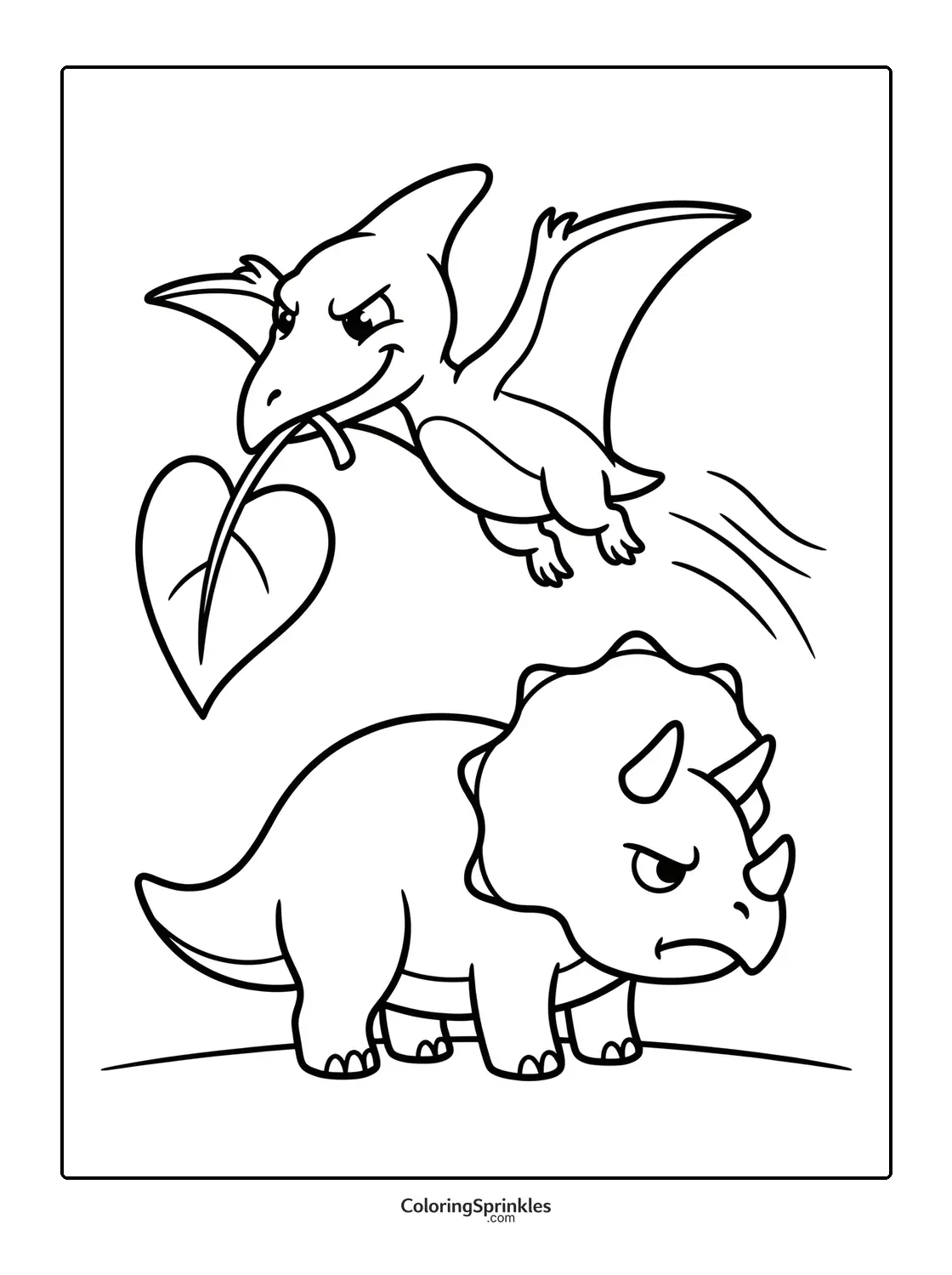 Coloring page of a pterodactyl flying with a leaf near an angry triceratops