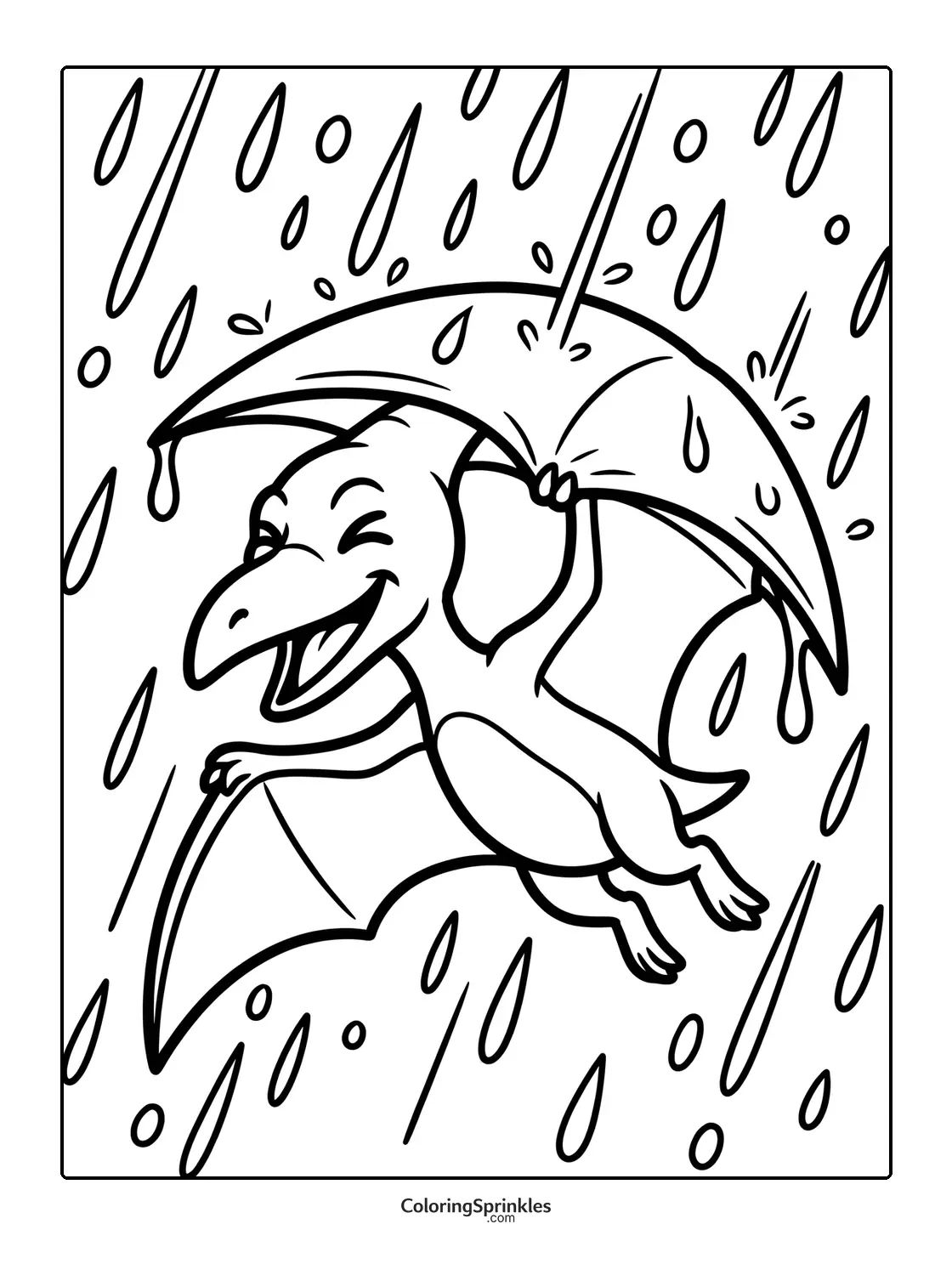 Coloring page of a pterodactyl flying in the rain holding an umbrella
