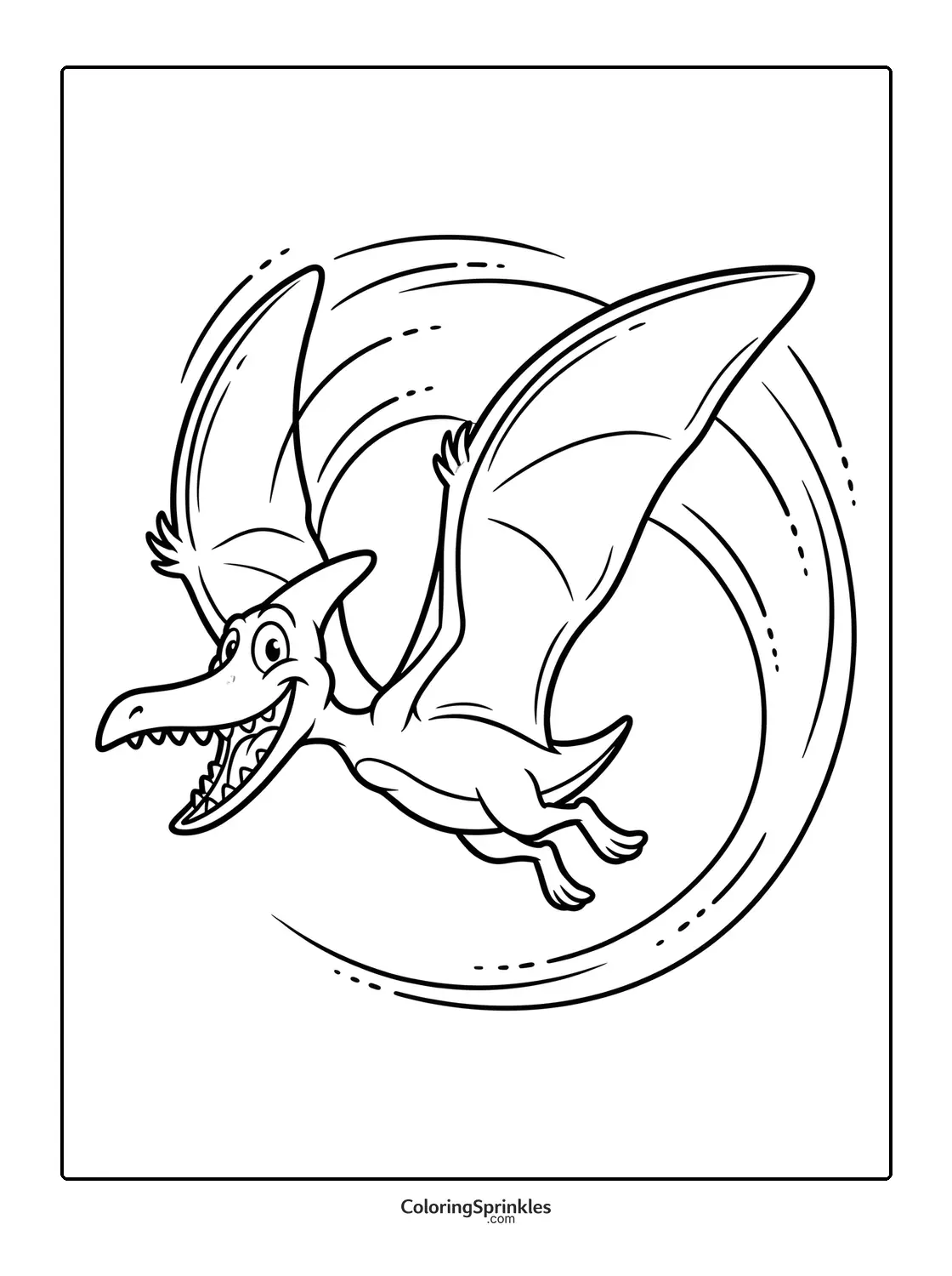 Coloring page of a smiling cartoon pterodactyl flying