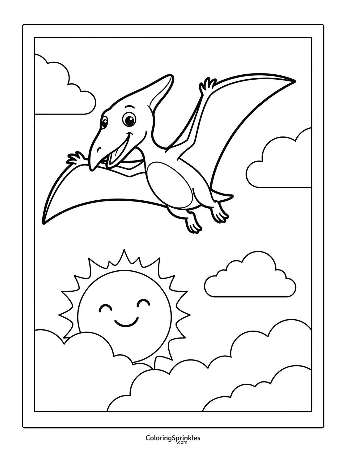 Coloring page of a pterodactyl flying in the sky with a happy sun and clouds