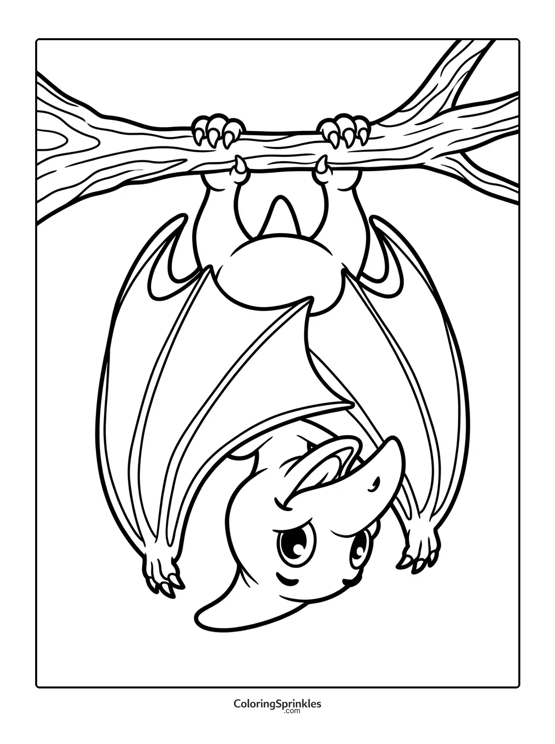 Coloring page of a cartoon pterodactyl hanging upside down from a branch