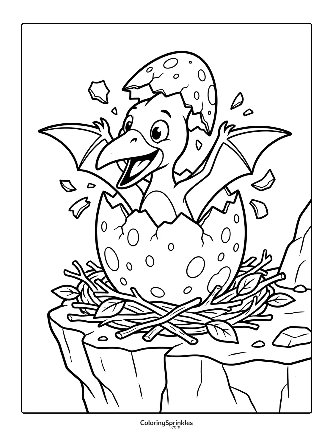 Coloring page of a pterodactyl hatching from an egg in a nest on a cliff