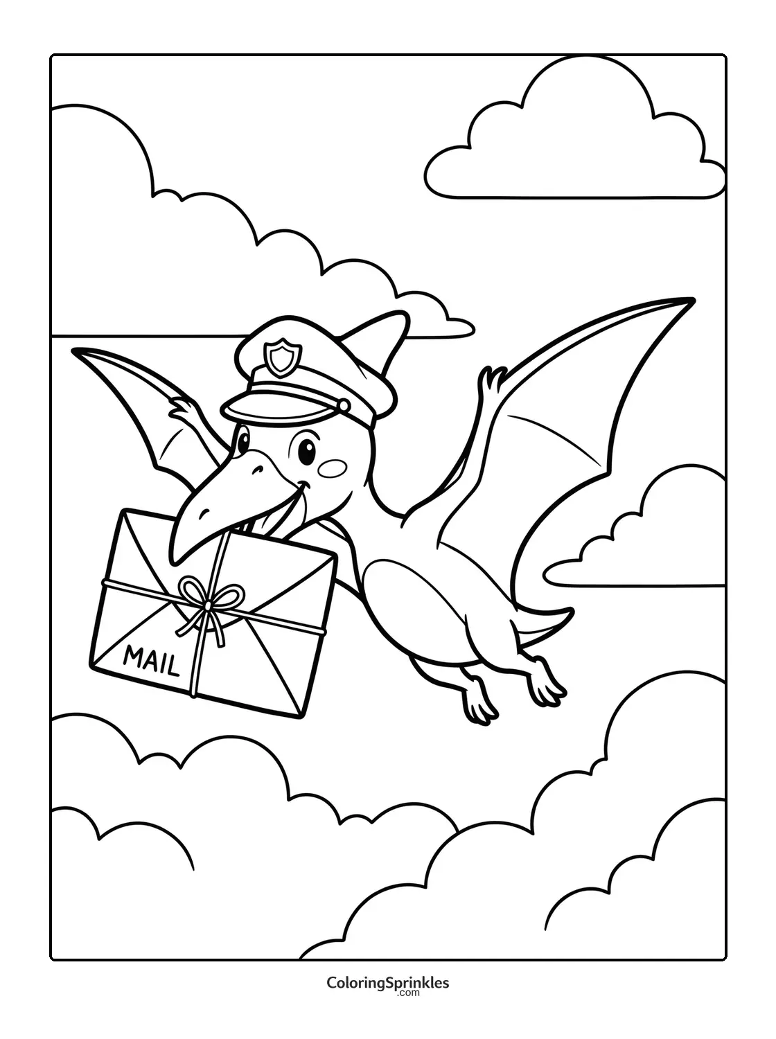 Coloring page of a pterodactyl delivering mail while flying among clouds