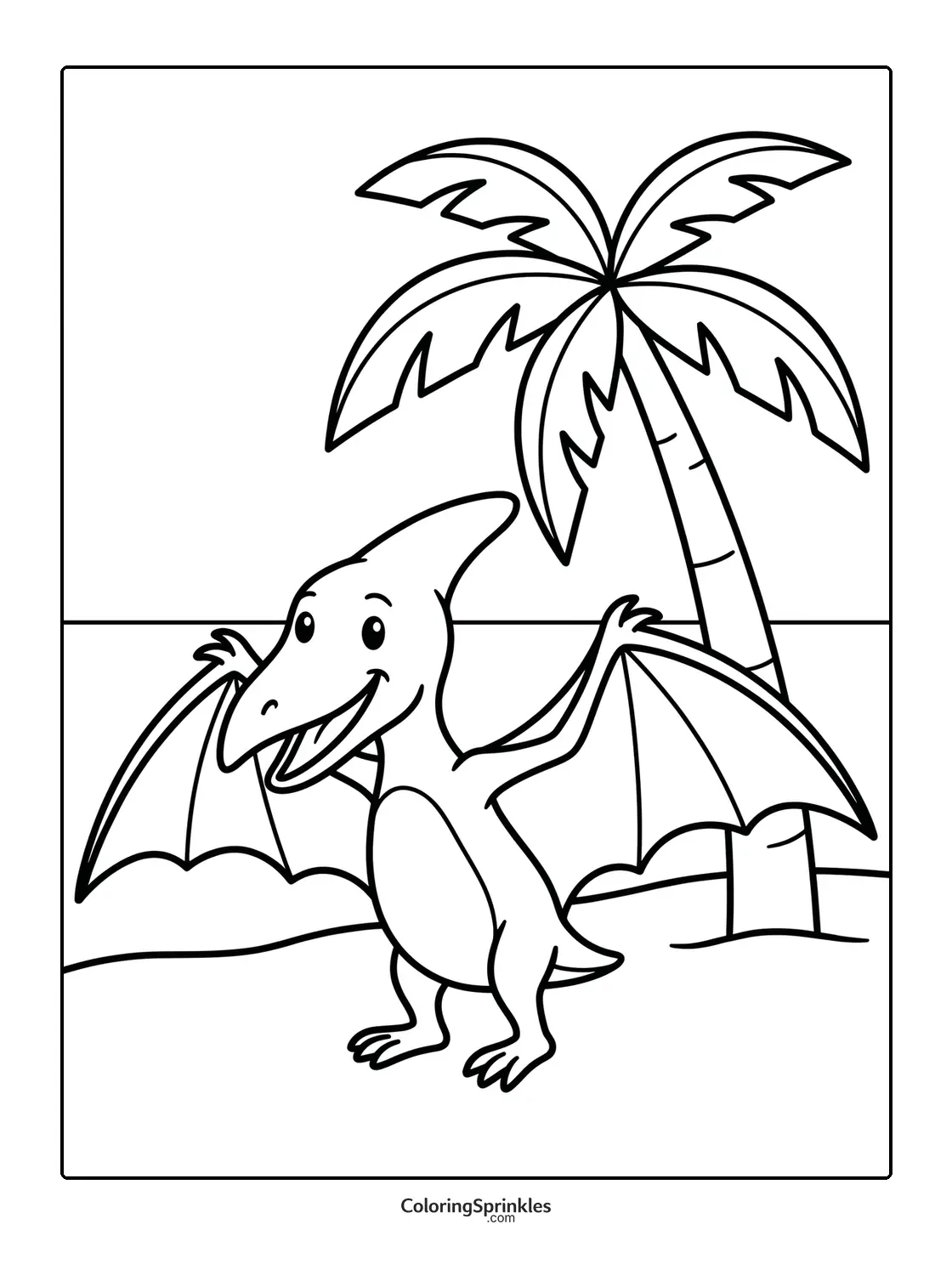 Coloring page of a smiling pterodactyl with wings spread near a palm tree on a beach