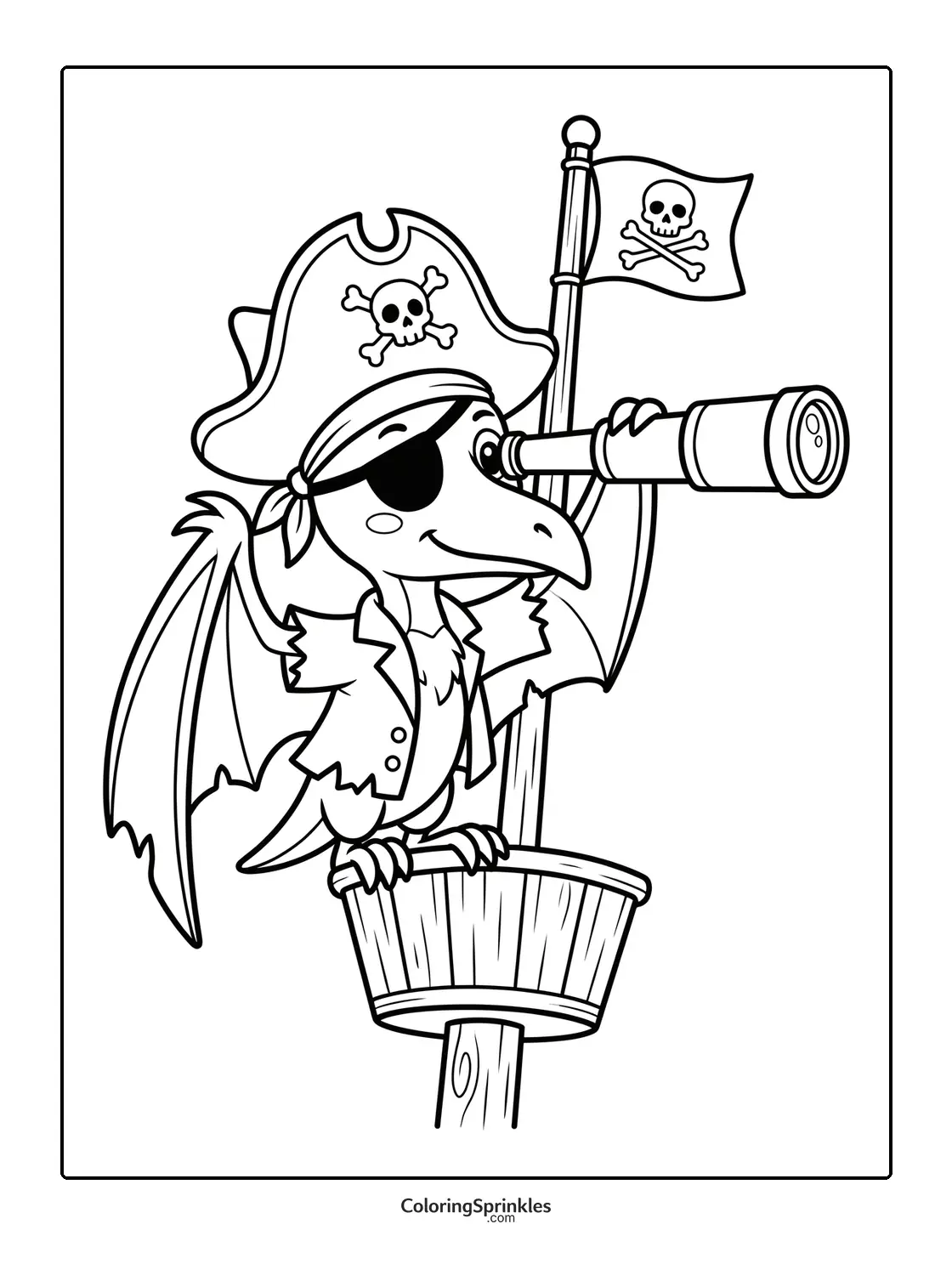 Coloring page of a pterodactyl dressed as a pirate looking through a telescope in a ship's crow's nest