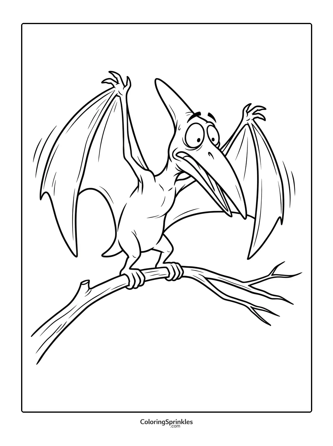 Coloring page of a scared pterodactyl perched on a tree branch