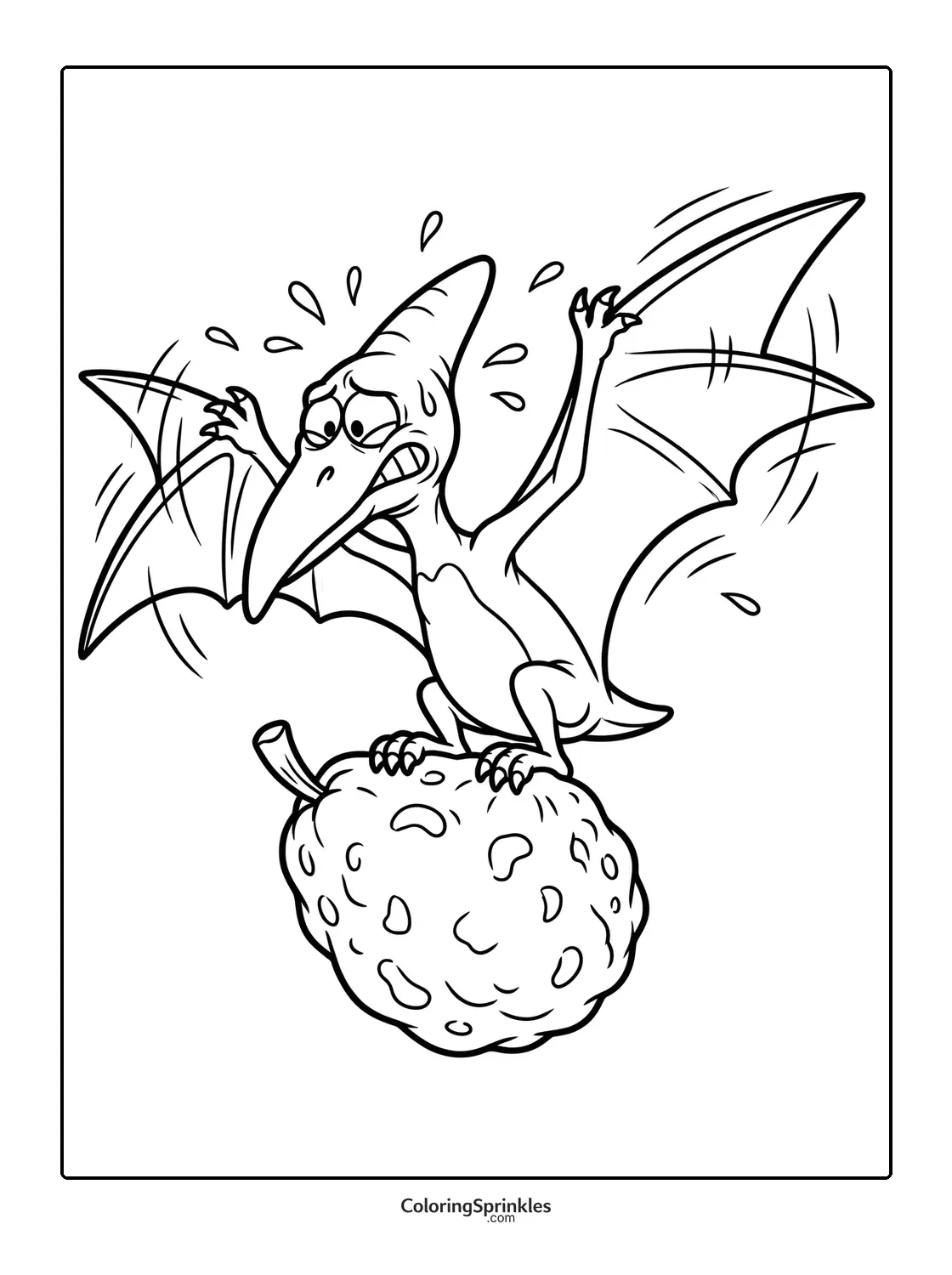Coloring page of a worried pterodactyl sitting on a large fruit