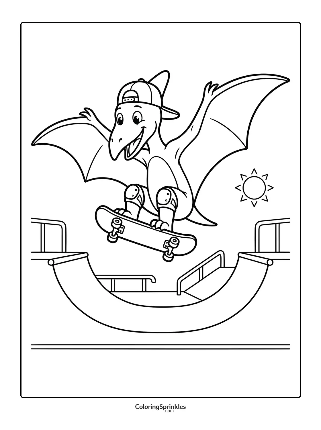 Coloring page of a pterodactyl skateboarding at a skatepark with a sun in the sky