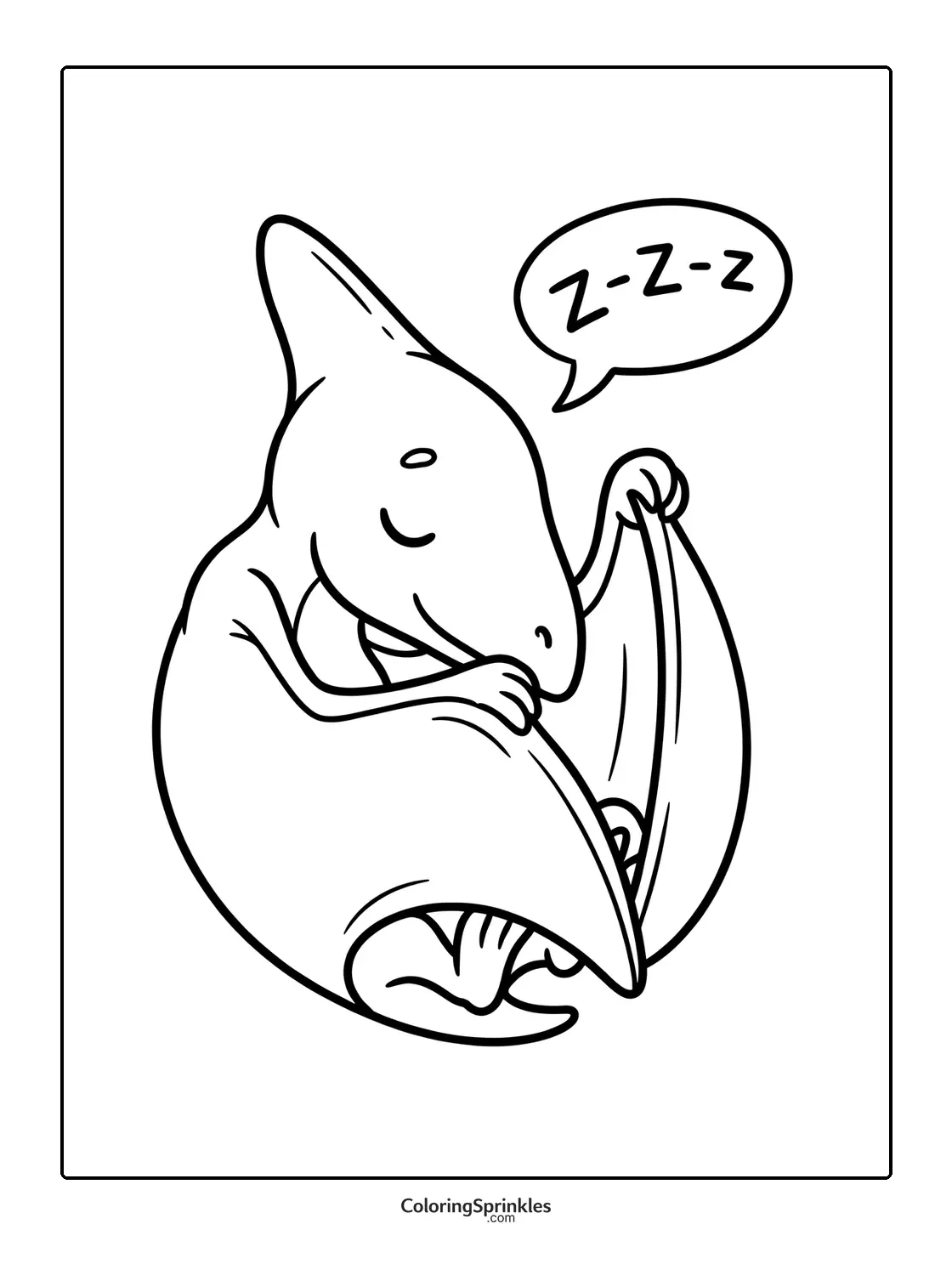 Coloring page of a pterodactyl sleeping curled up